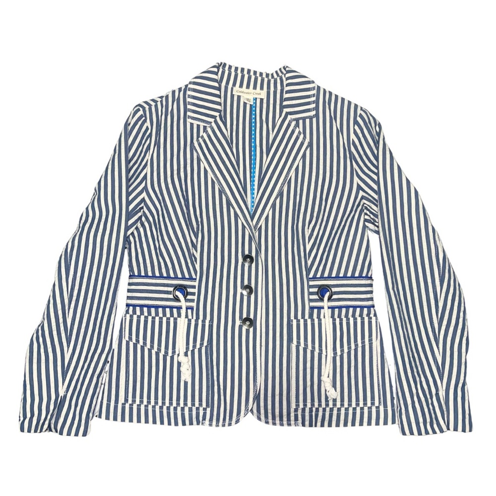Coldwater Creek P10 Coastal Nautical Stripe Cotton Blazer Rope Detail